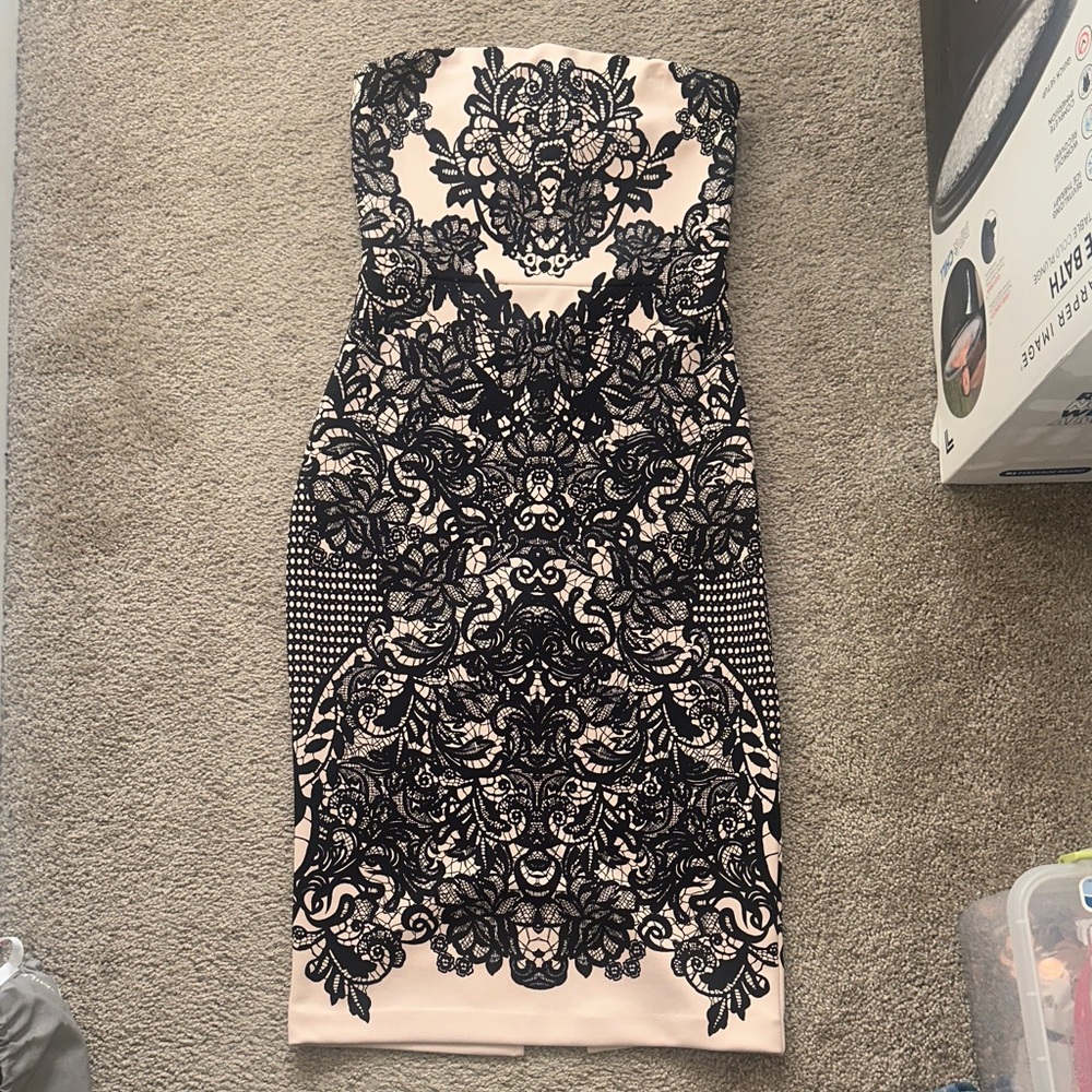 Express Black and Cream Strapless Dress
